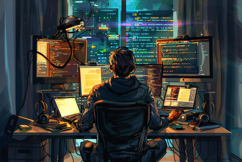 Illustration depicting a man from behind sitting in front of four monitors, coding, representing overemployment in the tech industry.