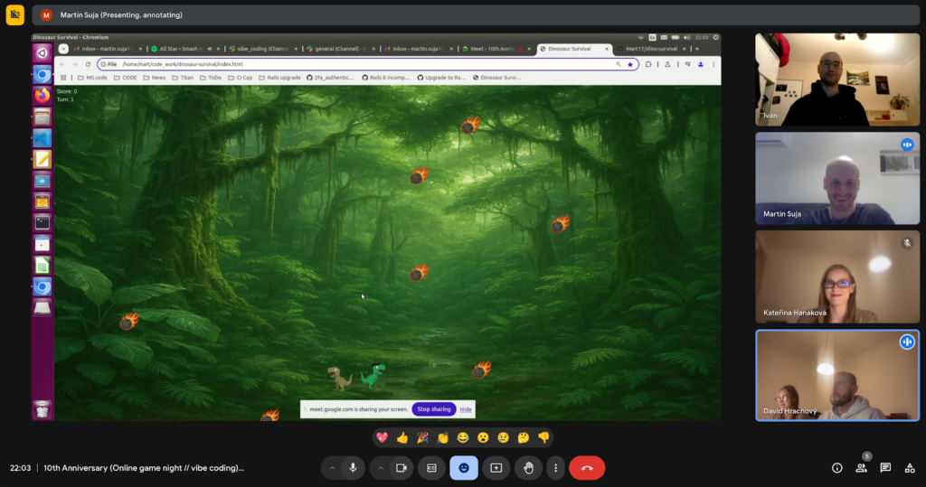 A screenshot from the online vibe-coding session videocall: at the centre of the screen, there is the call's shared screen, showing a green forest landscape with a few other icons scattered on it (two dinosaurs and seven meteorits); on the right, a column shows four participants' cameras.