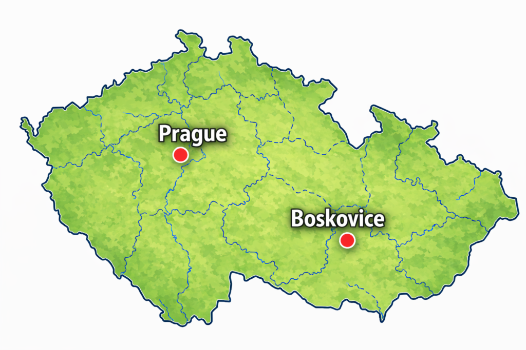 Map of Czechia highlighting Daniel's hometown of Boskovice and Prague, the capital city.